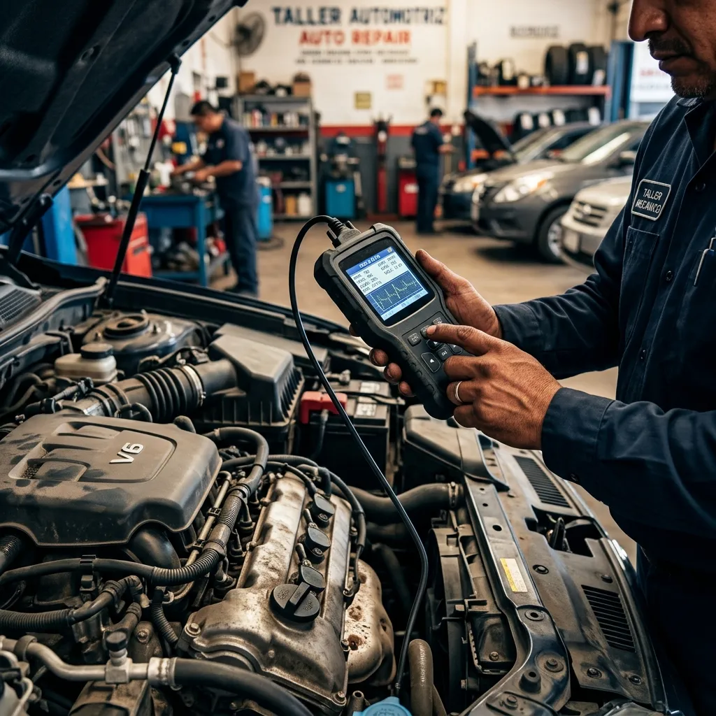 Escáner de diagnóstico automotriz OBD-II conectado a motor de auto