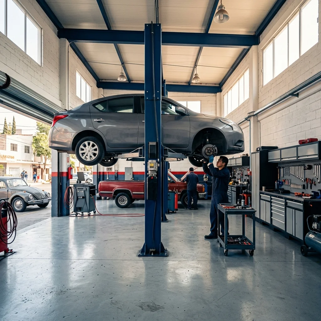 Taller mecánico en Mérida con mecánico trabajando en diagnóstico de auto