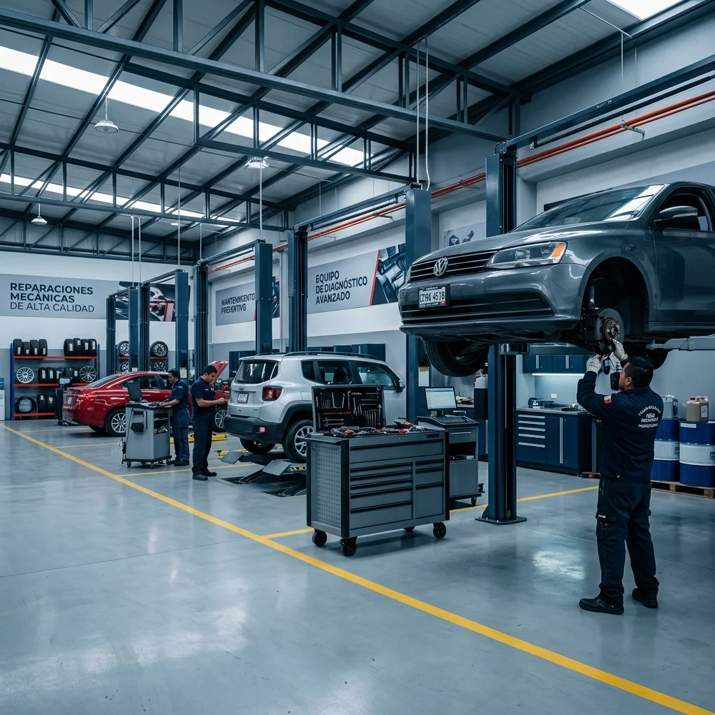 Bahía de servicio con auto elevado para revisión técnica